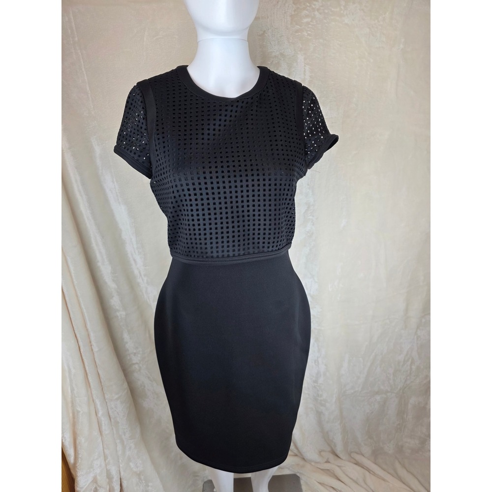 Calvin Klein Black Laser Cut Mesh Sheath Dress Size 4 Short Sleeve Zipper Detail